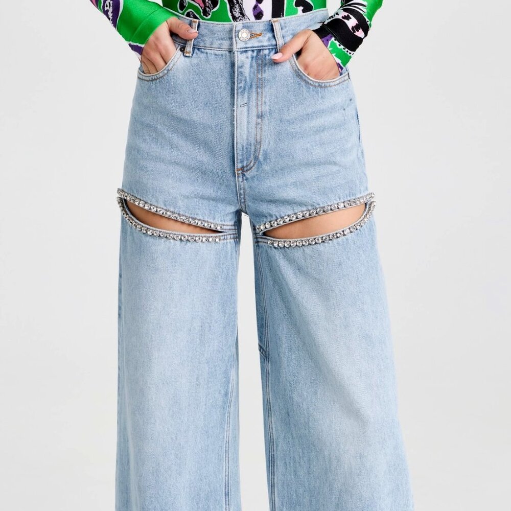 AREA Wide Leg Crystal Slit Jeans  Wide Leg Crystal Slit Jeans